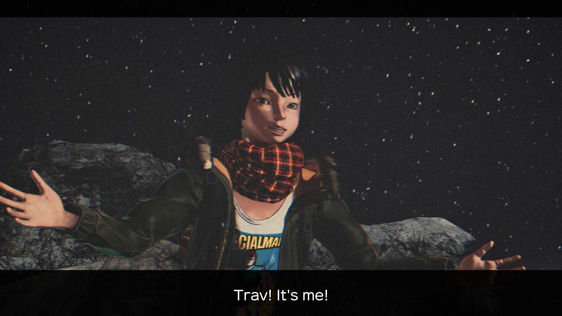 Screenshot from No More Heroes III. Newtype Kamui says, "Trav! It's me!"