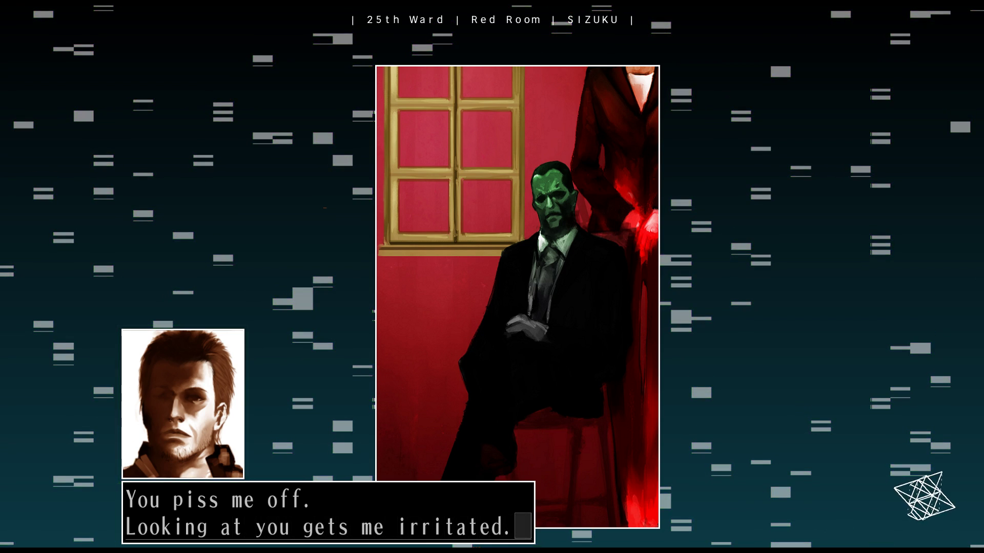 Screenshot from "SIZUKU." In the central window, the Gentleman, an old man with green skin in a suit, sits on a red chair with his legs crossed. The Red Lady stands behind him, her head not visible in the shot.  Tokio says, "You piss me off. Looking at you gets me irritated."