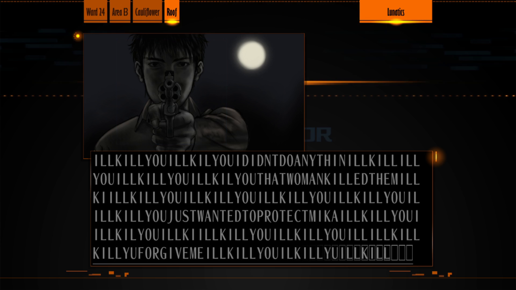 Screenshot from "Lunatics." Ryo points a revolver at the viewer. The moon is behind him, to the viewer's right. He rambles "ILLKILLYOUILLKILLYOU" intercut with "I didn't want to do anythin," "that woman killed them," "just wanted to protect Mika," "forgive me"
