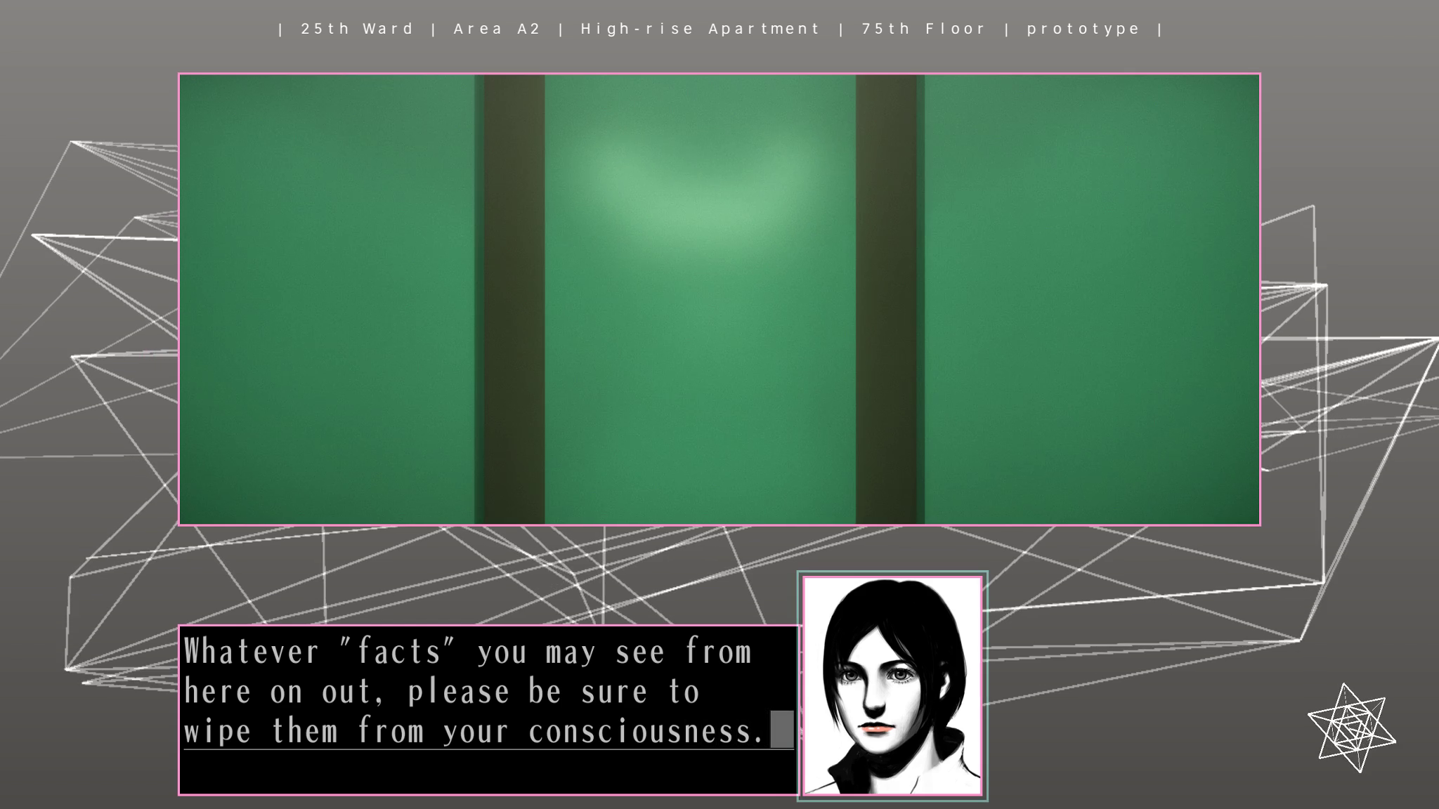 Screenshot from "prototype." Sakura says, "Whatever 'facts' you may see from here on out, please be sure to wipe them from your consciousness."