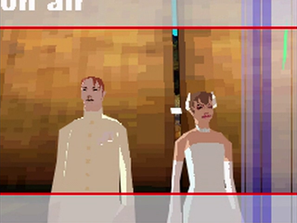 Screenshot of Seiji (right) and Yuuri (left) at their wedding. Seiji wears a white uniform, while Yuuri wears a white wedding dress and gloves.