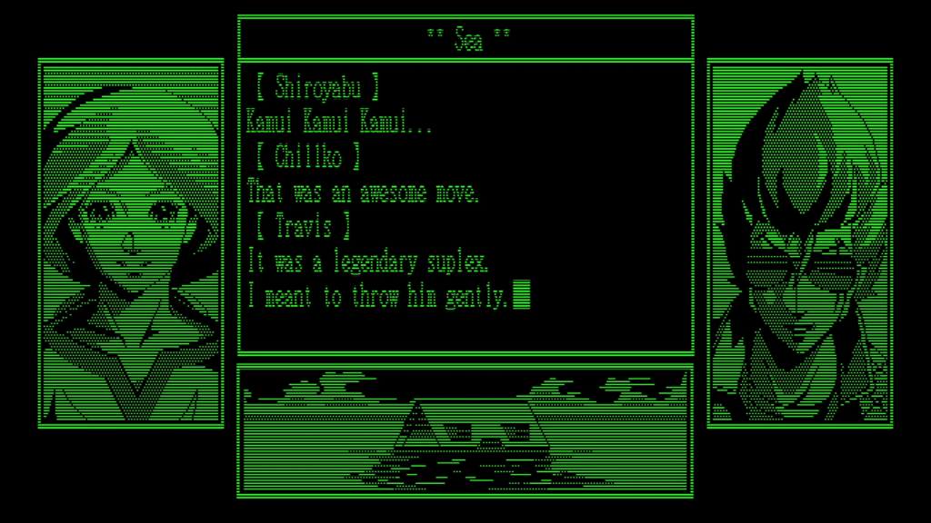 Screenshot of "Travis Strikes Back." The left dialogue portrait shows Chillko, a girl. The right shows Travis Touchdown. The text reads as follows:

SHIROYABU: Kamui Kamui Kamui...

CHILLKO: That was an awesome move.

TRAVIS: It was a legendary suplex. I meant to throw him gently.