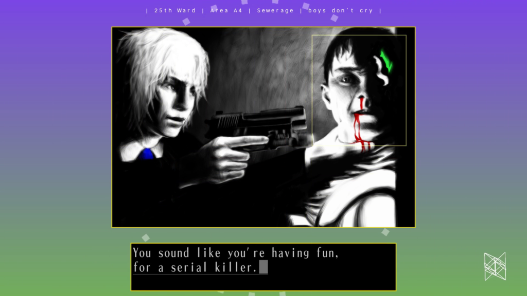 Screenshot of "boys don't cry." Shiroyabu holds a bleeding diver at gunpoint, his other hand around the man's throat. The diver says, "You sound like you're having fun, for a serial killer."