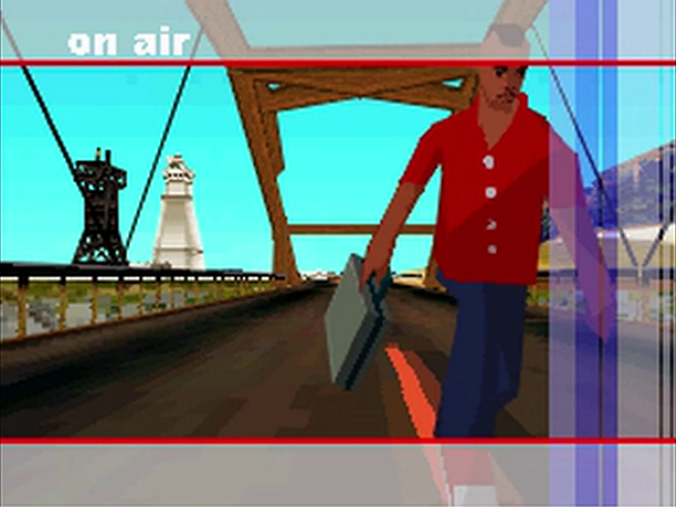 Screenshot from Flower, Sun, and Rain. Step Sding, a young man with a mohawk wearing a red shirt, jeans, and sneakers, runs along a bridge carrying Catherine, a silver suitcase, in his right hand. The Business Tower lighthouse and an electrical pylon are visible in the background.