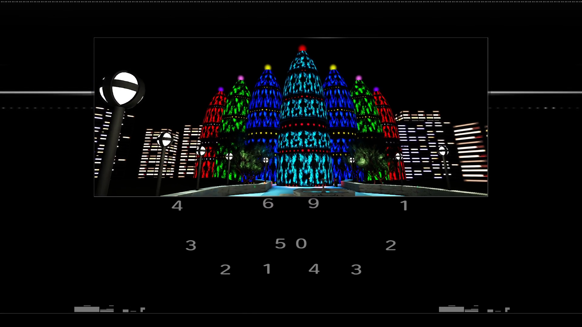 Screenshot from "Decoyman." In the central window are the Triangle Towers, conical buildings resembling Christmas Trees, in a large, dark underground area. The towers are aligned like bowling pins. Each tower bears irregular lights of a single color: teal, blue, green, and red. The front tower is teal, the two in the next row are blue, the three in the next row are green, and the four in the next row are red.