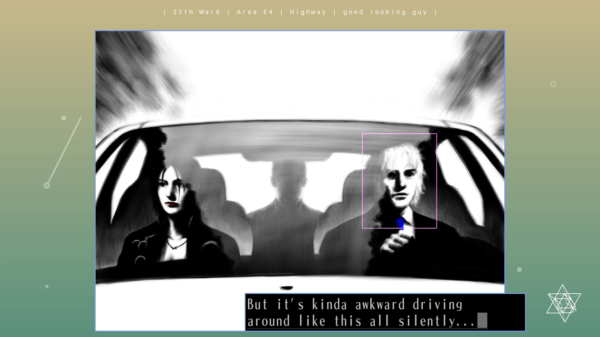 Screenshot from "good looking guy." The central window shows, viewed through the windshield, three people in a car. Shiroyabu drives. Kuroyanagi sits in the front passenger seat. Centered between them, in the back, sits Uehara, a shadowy and intimidating figure. Shiroyabu says, "But it's kinda awkward driving around like this all silently..."