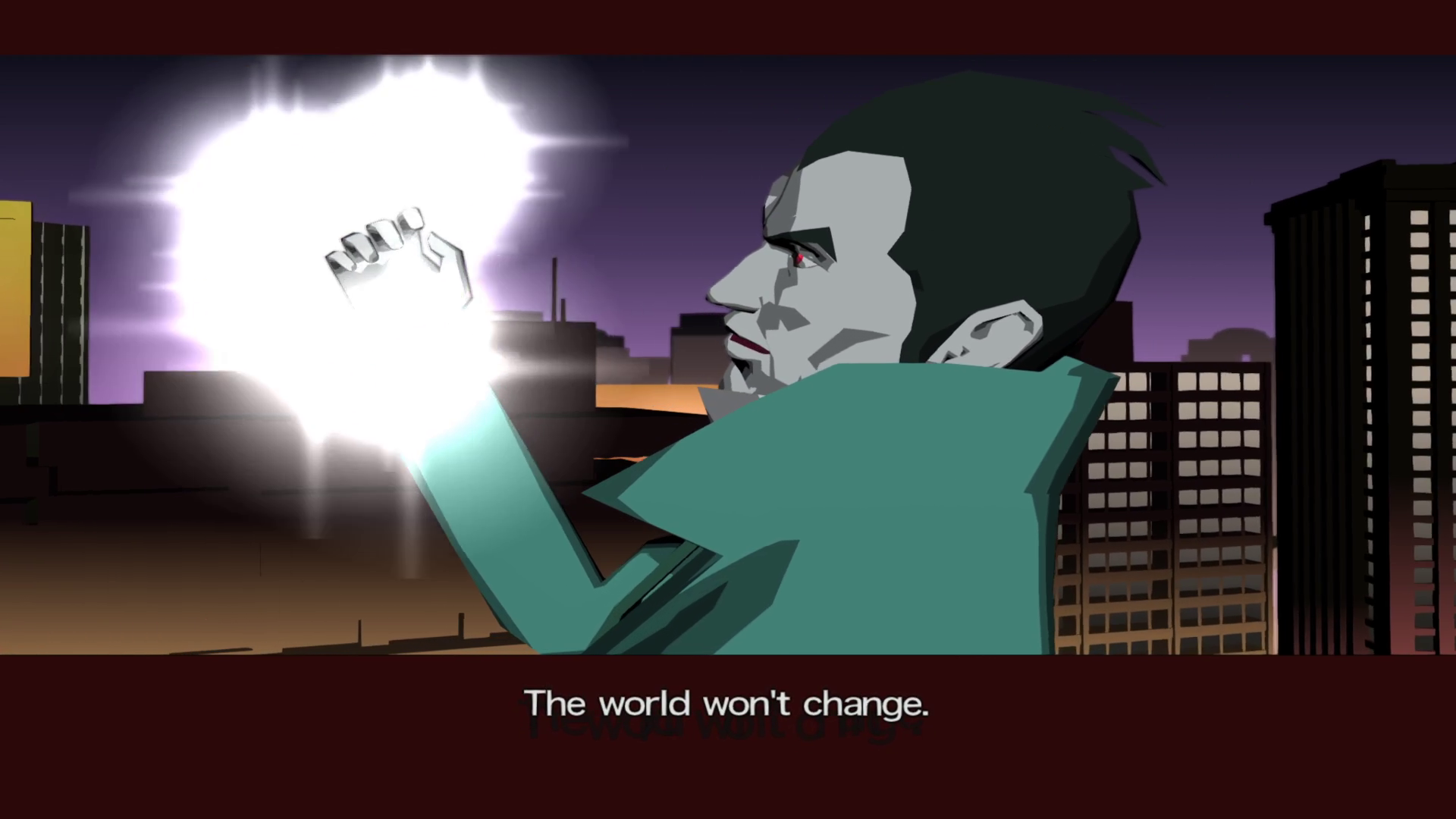 Screenshot from "Lion." Kun Lan raises his glowing right hand. He says, "The world won't change."