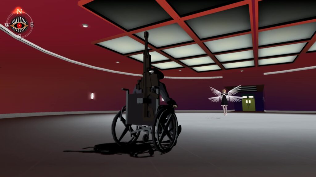 Screenshot from "Angel." In a large, round, empty room in the Celtic Building, Harman Smith faces an anime girl angel with four wings.