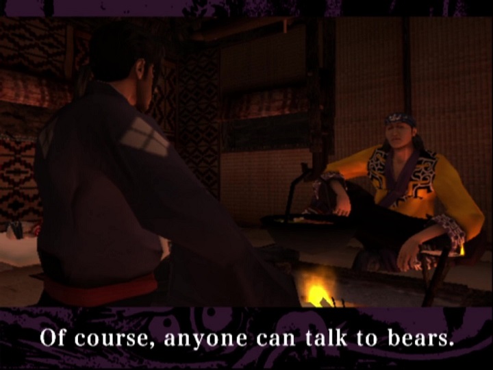 Screenshot from Samurai Champloo: Sidetracked. Jin sits on the left. Ranke, a large, long-haired man wearing a yellow robe, sits on the right. Between them a hot pot hangs over a firepit. The subtitles show Ranke's dialogue: "Of course, anyone can talk to bears."