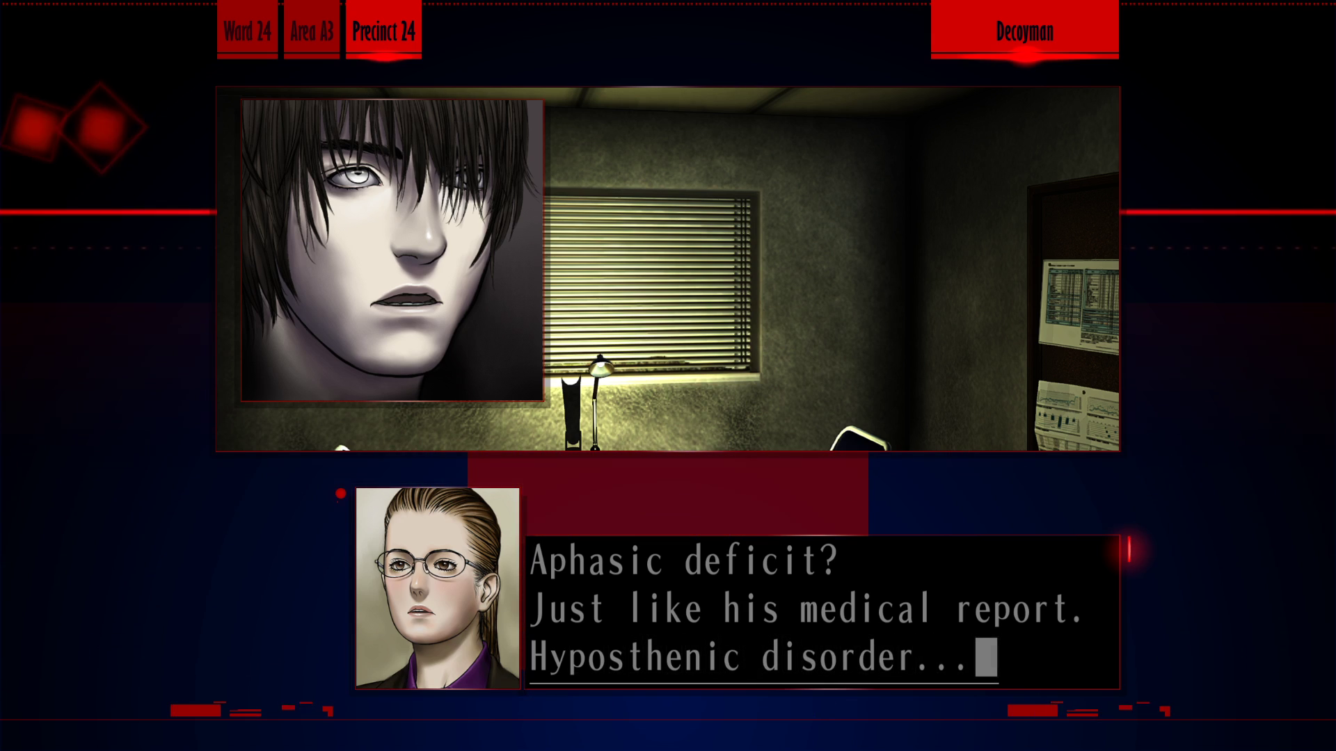 Screenshot from "Decoyman." The window shows the Precinct 23 interrogation room. The character portrait in the window shows Fujiwara, eyes lolling, staring into space. Chizuru says, "Aphasic deficit? Just like this medical report. Hyposthenic disorder..."