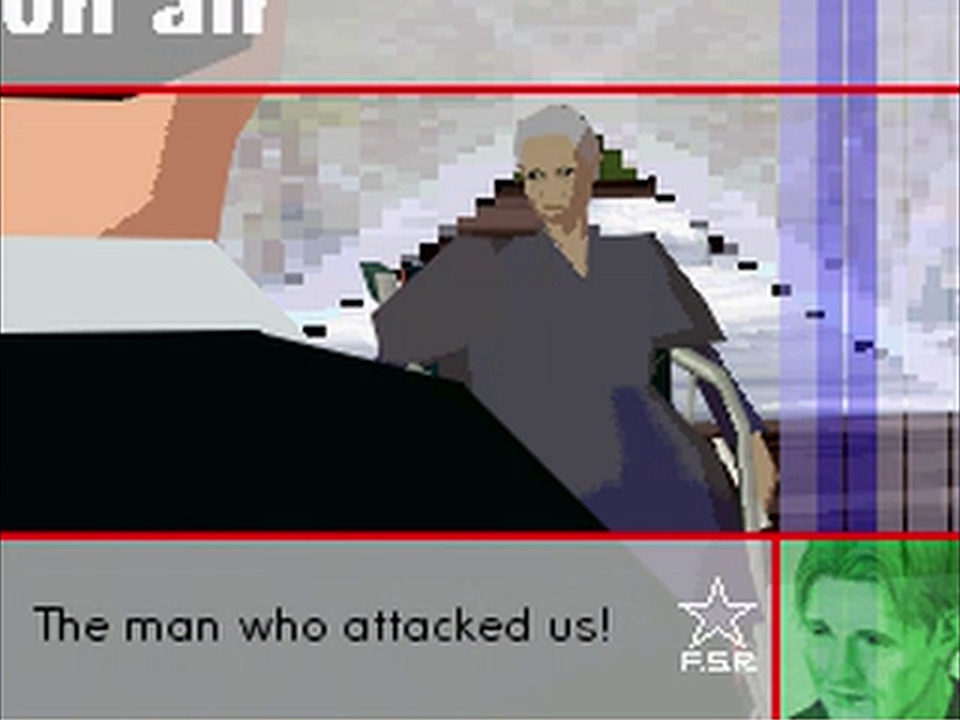 Screenshot showing Rits talking to Sumio. Rits is on the left, facing the camera, and Sumio is on the left, in the foreground. Rits is an old woman wearing a gray-purple shawl. She sits in a wheelchair. Rits says, "The man who attacked us!"
