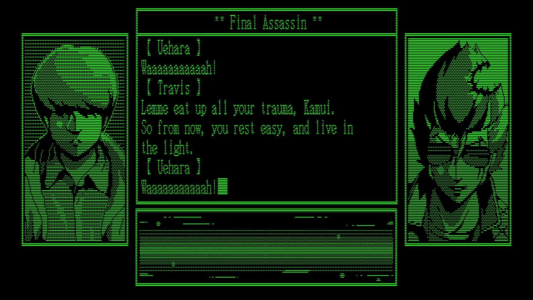 Screenshot from "Travis Strikes Back." The left portrait shows Uehara. The right portrait shows Travis. The display window shows lines suggesting a high-speed action scene. The text reads as follows:

UEHARA: Waaaaaaaaaaah!

TRAVIS: Lemme eat up all your trauma, Kamui. So from now, you rest easy, and live in the light.

UEHARA: Waaaaaaaaaaah!
