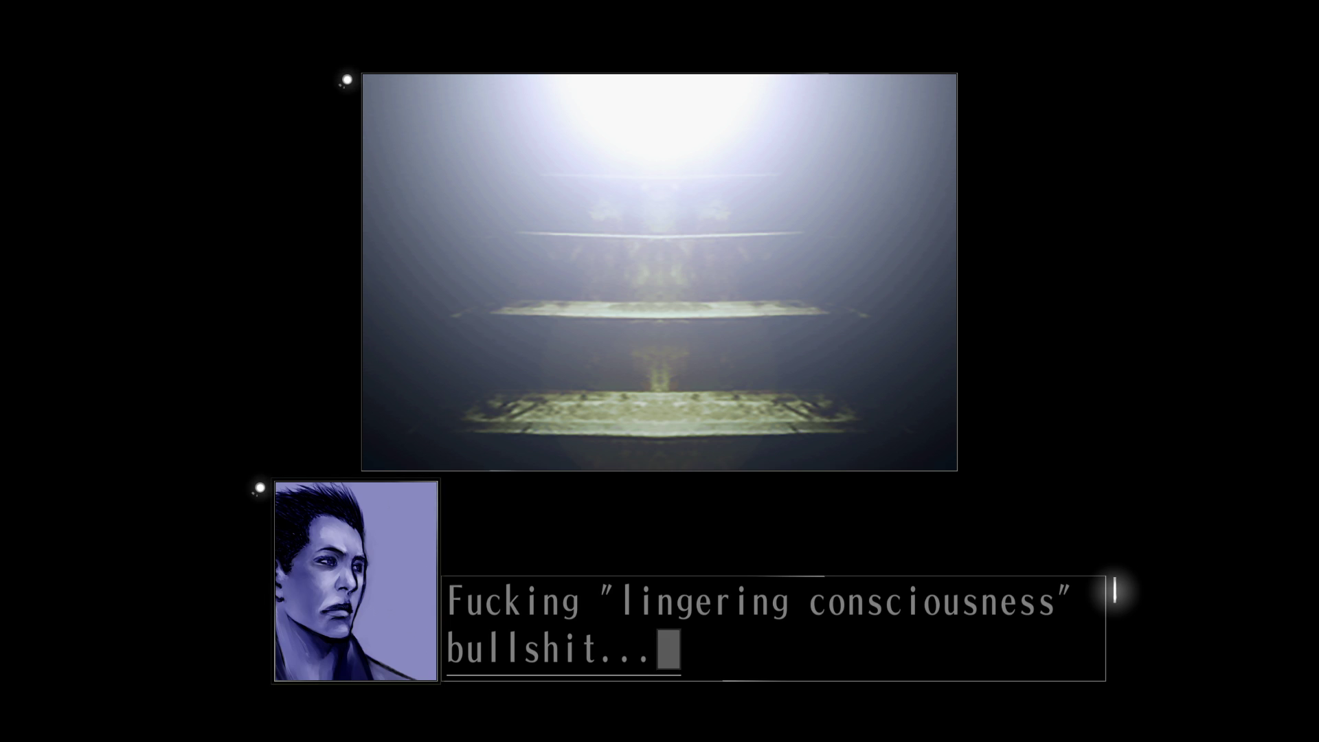Screenshot from "HIKARI." A central window shows a stairway rising into bright light. Tokio says, "Fucking 'lingering consciousness' bullshit..."