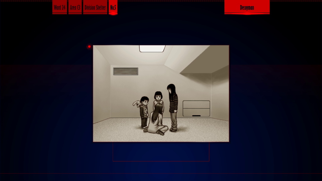 Screenshot from "Decoyman." A central window, in sepia, shows Shimohira Ayame kneeling on the carpeted floor of an empty room in the shelters. Fujiwa