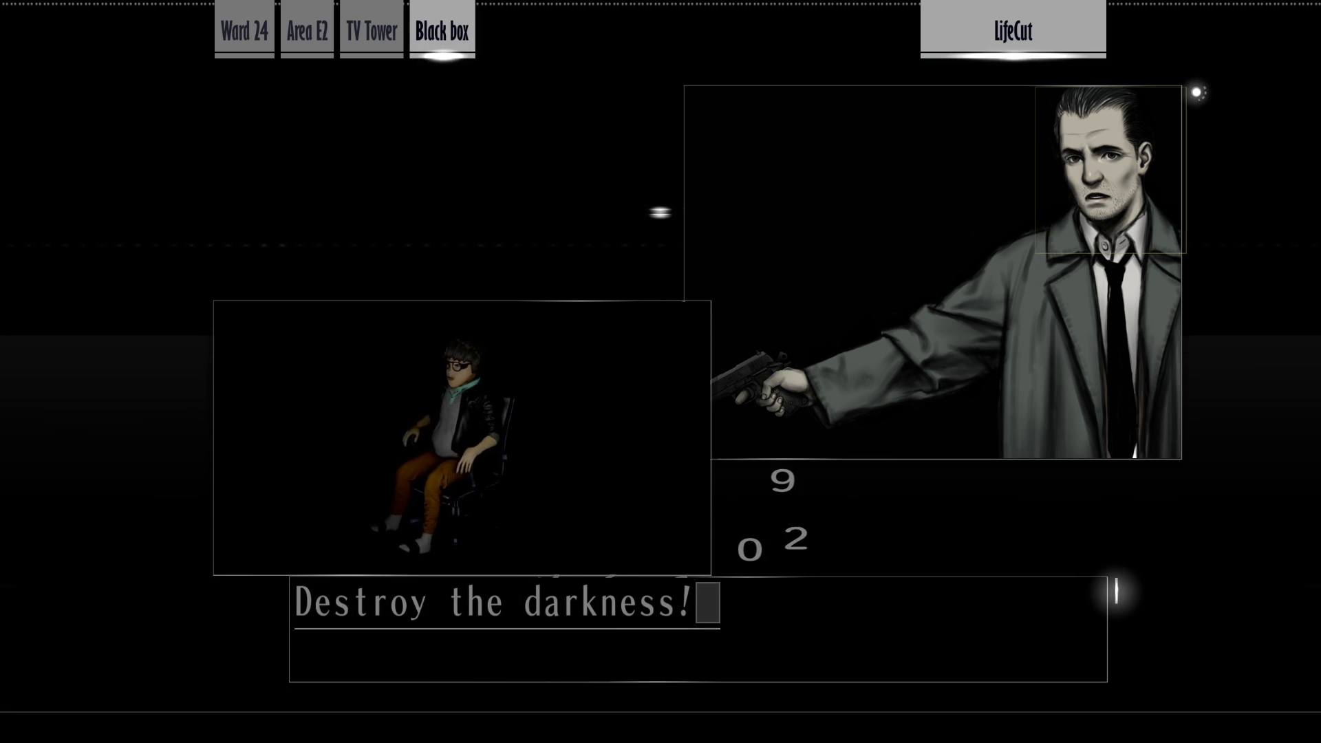 Screenshot from "LifeCut." Kusabi aims his gun at Nezu. He says to Akira, "Destroy the darkness!"