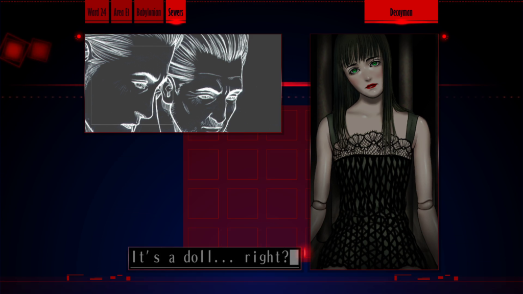 Screenshot from Decoyman. The upper right window shows, in inverted color, Sumio and Kusabi looking down. The right window shows a doll of a woman wearing a black lace dress leaned against the bars of a sewer grate. Sumio says, "It's a doll... right?"