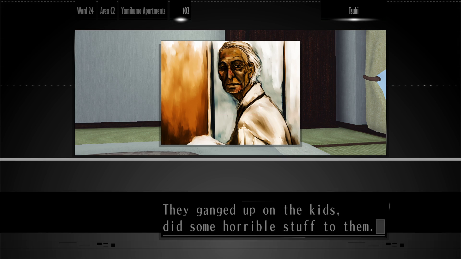 Screenshot from "TSUKI." The Mikumo survivor says, "They ganged up on the kids, did some horrible stuff to them."