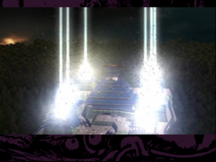 Screenshot from Samurai Champloo: Sidetracked. In a cutscene, the six smaller palaces around Ezo Castle are exploding as beams of white light blast them.