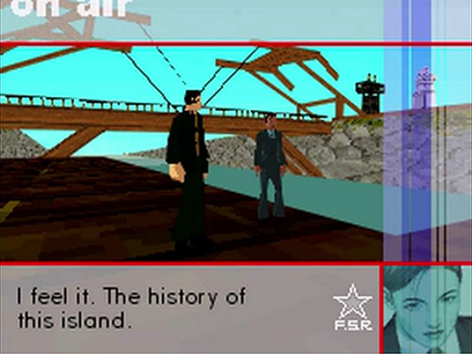 Screenshot of Yoshimitsu and Remy standing near a bridge on Lospass Island. Remy says, "I feel it. The history of this island."