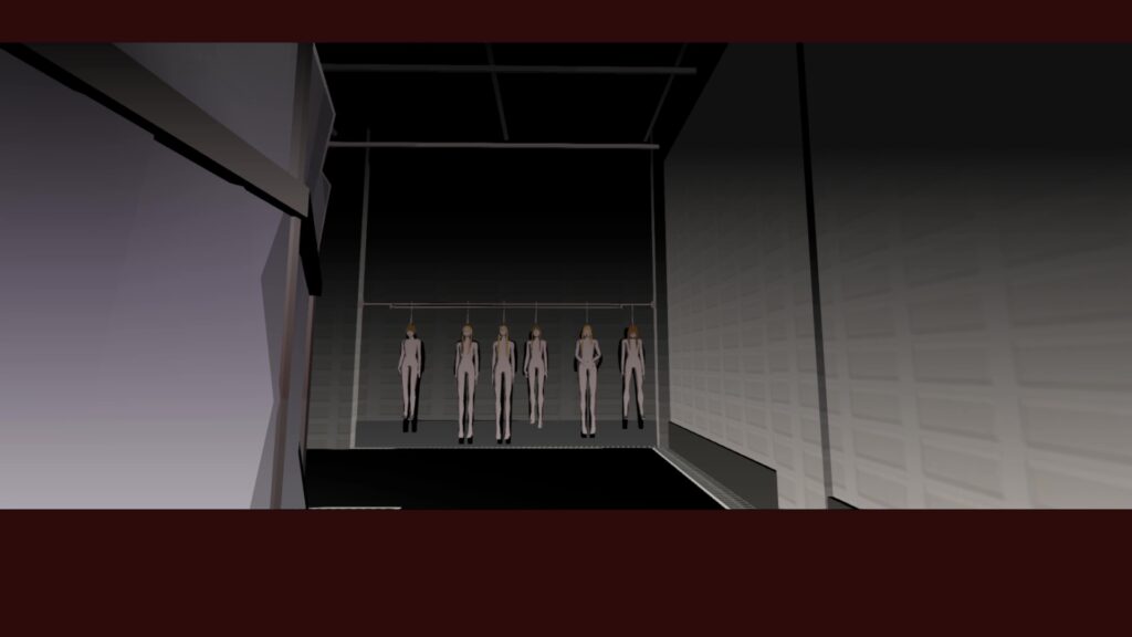 Screenshot from "Encounter." At the end of a hall, six girls' nude bodies hang from meat hooks like cuts of meat in an abattoir.