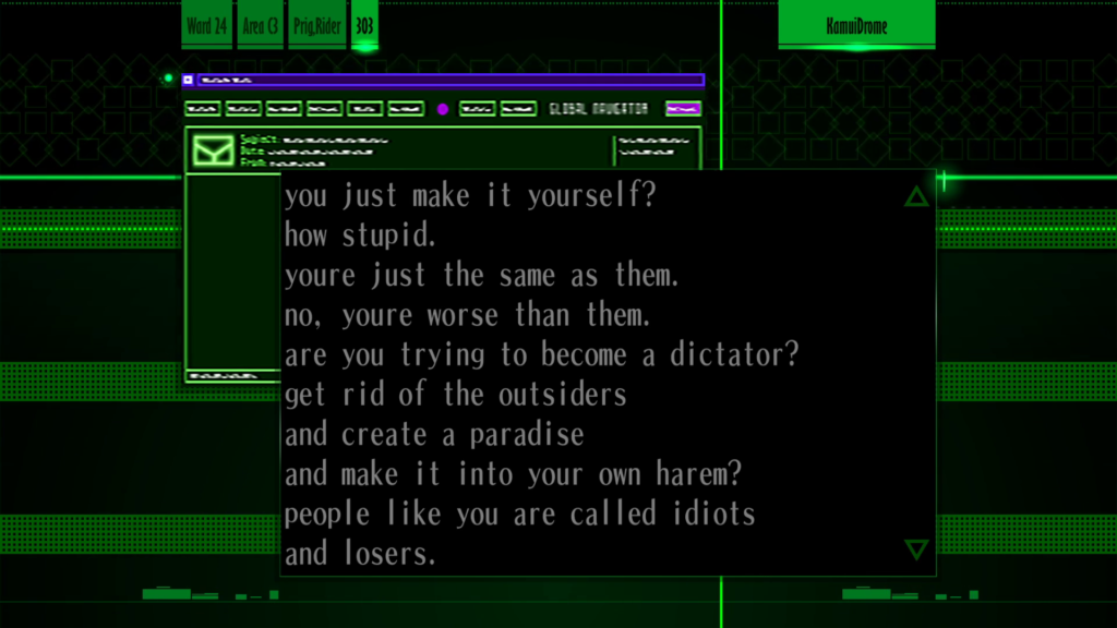 Screenshot from "KamuiDrome." Text in a window reads, "how stupid. youre just the same as them. no. youre worse than them. are you trying to become a dictator? get rid of the outsiders and create a paradise and make it into your own harem? people like you are called idiots and losers."