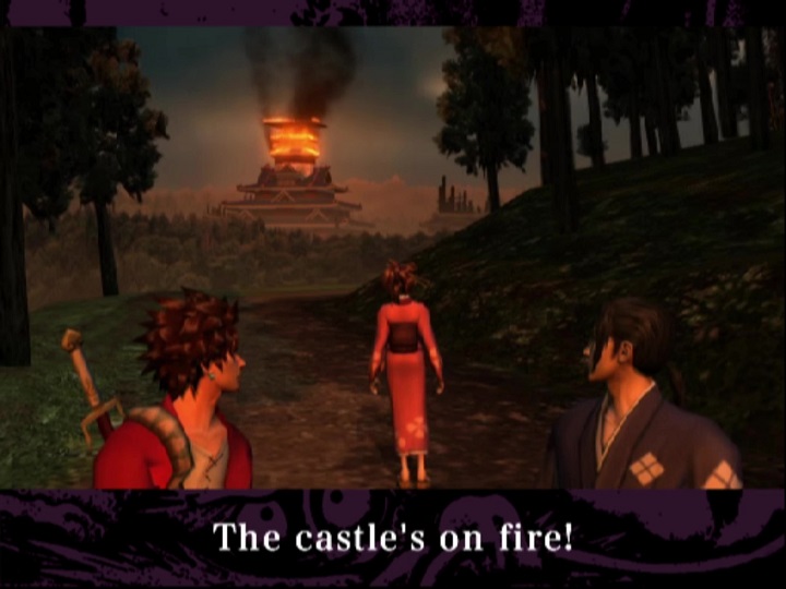 Screenshot from Samurai Champloo: Sidetracked. In the background, over a tree-covered hill, Ezo Palace burns. The fire has started from the top of the building; the top three floors are aflame. Smoke streams into the sky. In the foreground, Mugen and Jin turn to face Fuu, who stands in the center, somewhat farther from the camera, facing the burning castle. The subtitles show Fuu's dialogue: "The castle's on fire!"
