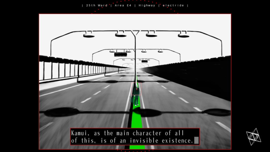 Screenshot from "electride." Shiroyabu stands on a green divider in the middle of an empty highway. The sky is completely overcast. Shiroyabu says, "Kamui, as the main character of all of this, is of an invisible existence."