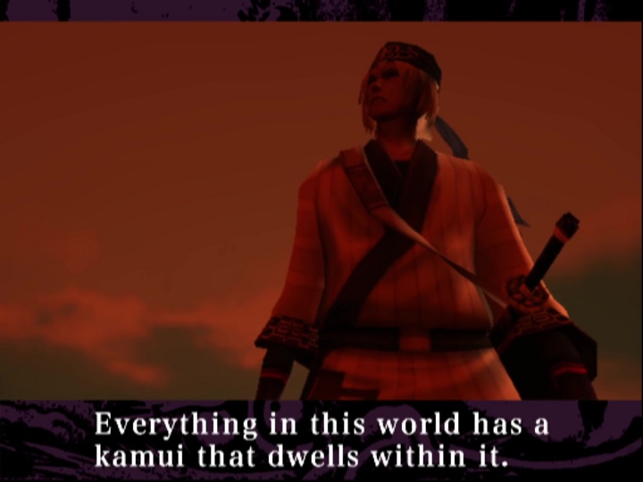 Screenshot from Samurai Champloo: Sidetracked. Against a twilight sky stands Worso. The subtitles show him saying, "Everything in this world has a kamui that dwells within it."