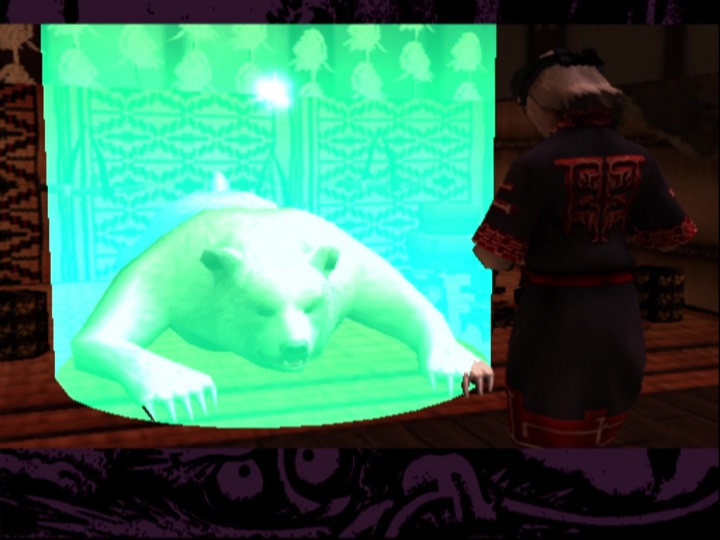 Screenshot from Samurai Champloo: Sidetracked. A large white bear lies dead on a slightly raised platform. Several textiles bearing abstract designs hang behind it. Nochiyu is standing, praying to the bear. Green light surrounds the bear, from which a single white ball of light, the kamuy, rises.