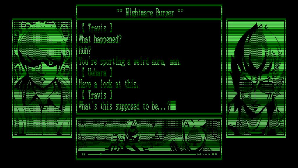 Screenshot from "Travis Strikes Back." The left window shows Kamui, who is glowing, with his silver eye visible. The right window shows Travis. The visual window shows a still from an online video in which a man in an ace of spades mask holds a gun and looks at the camera. In the dingy room behind him are a woman and two children, each tied up with rope. The text reads as follows: TRAVIS: What happened? Huh? You're sporting a weird aura, man. UEHARA: Have a look at this. TRAVIS: What's this supposed to be...?