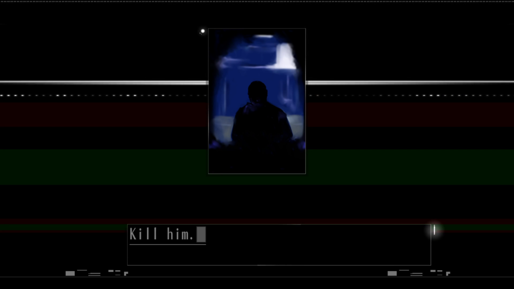Screenshot from "HIKARI." In the narrow central window, a dark figure sits in the shadows. He says, "Kill him." This refers to Akira.