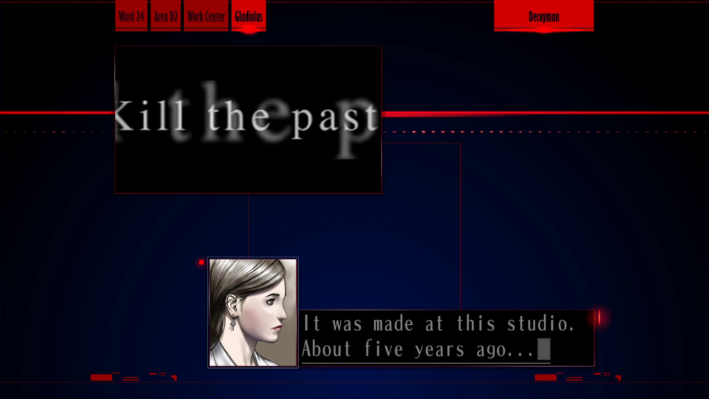 Screenshot of "Decoyman." A window in the upper left shows the text "Kill the past" in a video. Shimohira Ayame says, "It was made at this studio. About five years ago..."