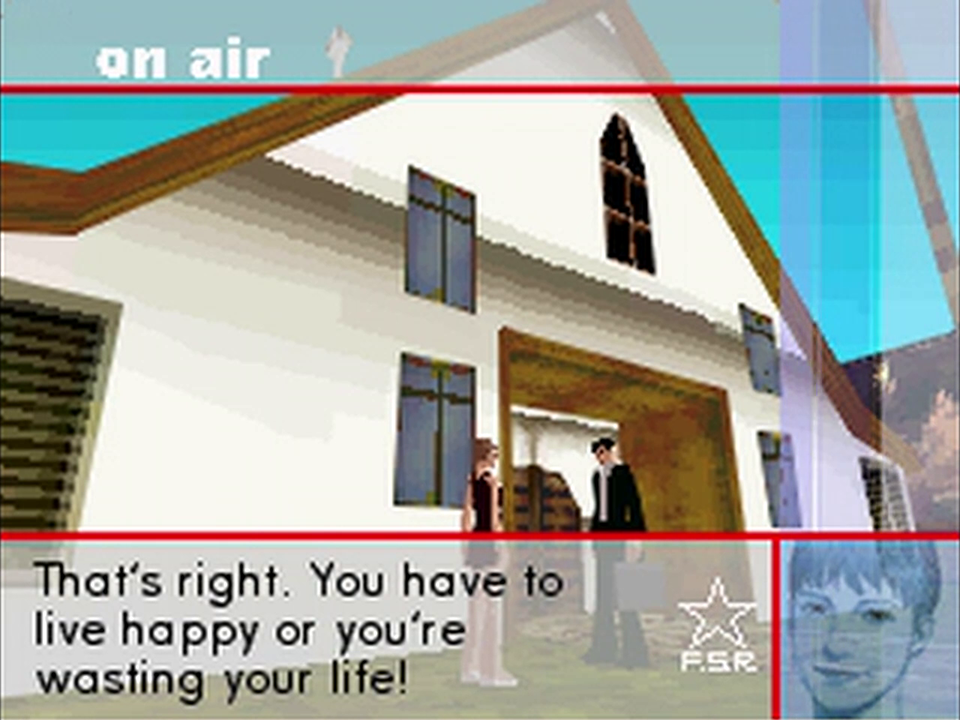 Screenshot of Yuuri (left) and Sumio (right) standing outside of Canadelcazett Church. Yuuri says, "That's right. You have to live happy or you're wasting your life!"