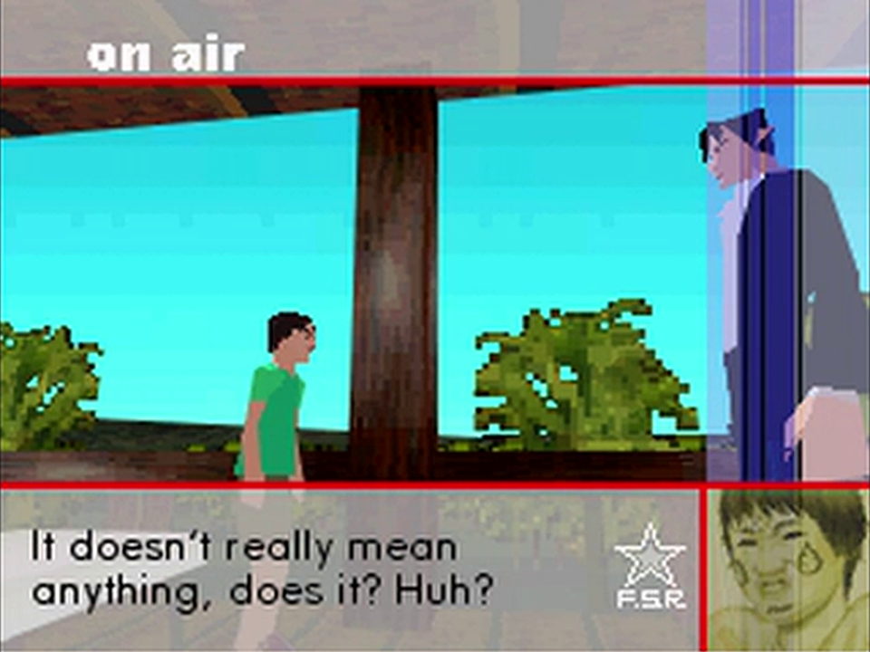 Screenshot showing Kai Shoutaro, on the left, talking to Mondo Sumio on the right. They stand on a balcony against the blue sky. Kai says, "it doesn't really mean anything, does it? Huh?"