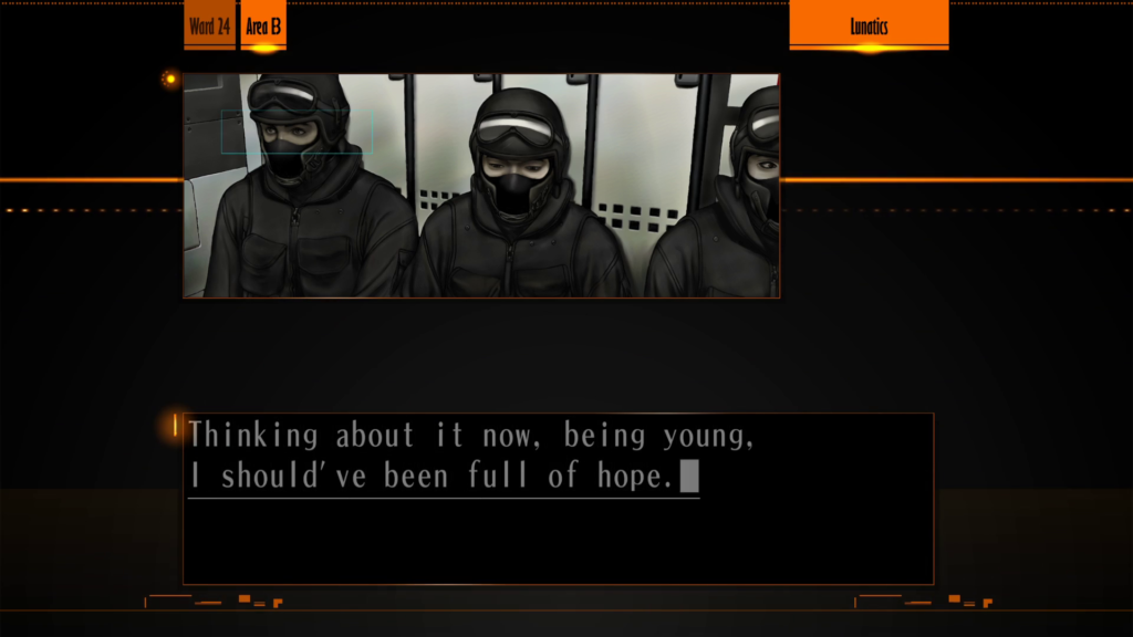 Screenshot of "Lunatics." A narrow window shows the interior of Natsume Daigo's Republic vehicle. Seated from left to right are Sakamoto, Inomata, and Akira, almost identical in their police armor. Sakamoto is saying, "Thinking about it now, being young, I should've been full of hope."