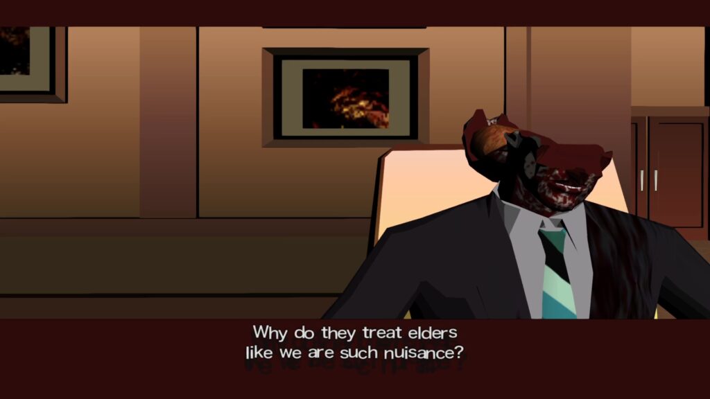 Screenshot from killer7. Kurahashi sits in a chair in a luxurious conference room with paintings hanging on the walls. He is a bloody corpse. His head is split open along the middle, his brainpan barely attached to the back of his head by a bit of skull, as though by a hinge. His brain sits visible and totally severed from his body. The left side of his suit is covered in blood, as his skin. He says, "Why do they treat elders like we are such nuisance?"