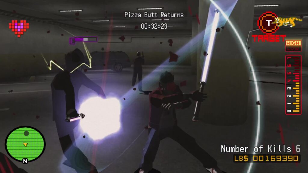 Screenshot from No More Heroes. A scene of gameplay. In a parking garage, Travis is using his Beam Katana to slice up a man in a suit. Centered at the top of the screen is the name of the mission: "Pizza Butt Returns." In the lower right it says, "Number of Kills 6."