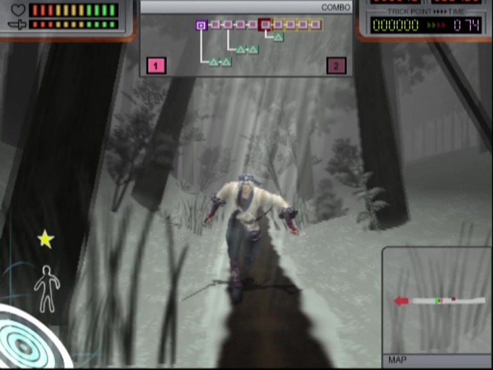 Screenshot from Samurai Champloo: Sidetracked. In normal gameplay, Worso is running toward the camera down a path in a snow-covered forest. Beams of light shine through the canopy.