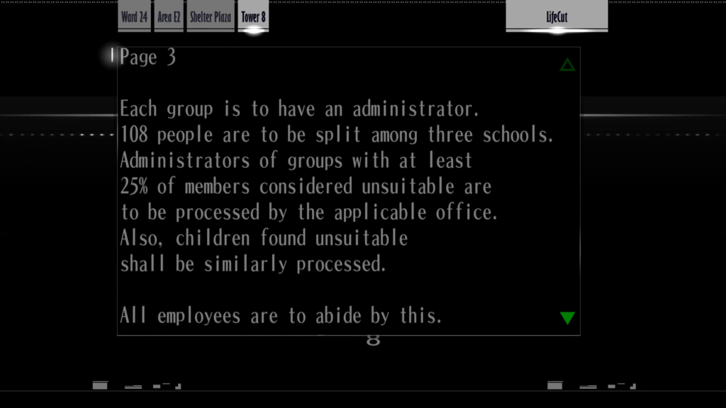 Screenshot from "LifeCut." In Tower 8, a document reads, "Page 3. Each group is to have an administrator. 108 people are to be split among three schools. Administrators of groups with at least 25% of members considered unsuitable are to be processed by the applicable office. Also, children found unsuitable shall be similarly processed. All employees are to abide by this."