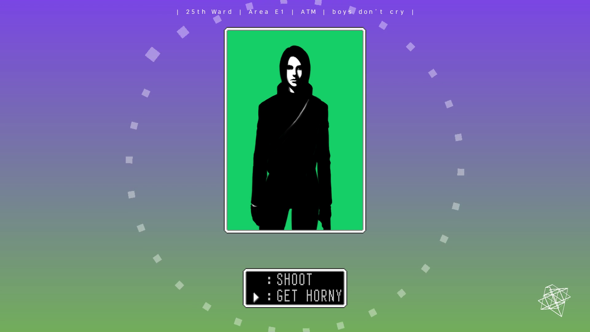 Screenshot from "boys don't cry." A single window shows a shadowy woman holding a gun. The text window has two options: "SHOOT" and "GET HORNY."