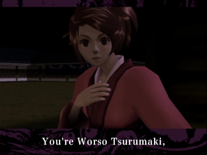 Screenshot from Samurai Champloo: Sidetracked. Fuu is in the castle town market at night, her right hand on her chest in surprise. The subtitles say, "You're Worso Tsurumaki,"