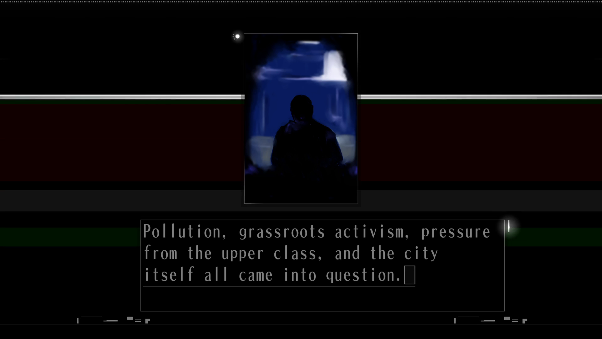 Screenshot from "HIKARI." In the narrow central window, a dark figure sits in the shadows. He says, "Pollution, grassroots activism, pressure from the upper class, and the city itself all came into question."