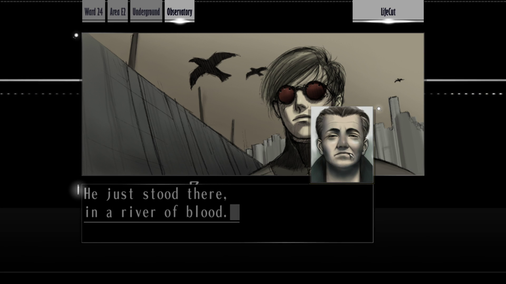Screenshot of "LifeCut." Kamui, wearing sunglasses, walks through a bleak cityscape. Three crows fly above in the brown sky. Kusabi says, "He just stood there, in a river of blood."