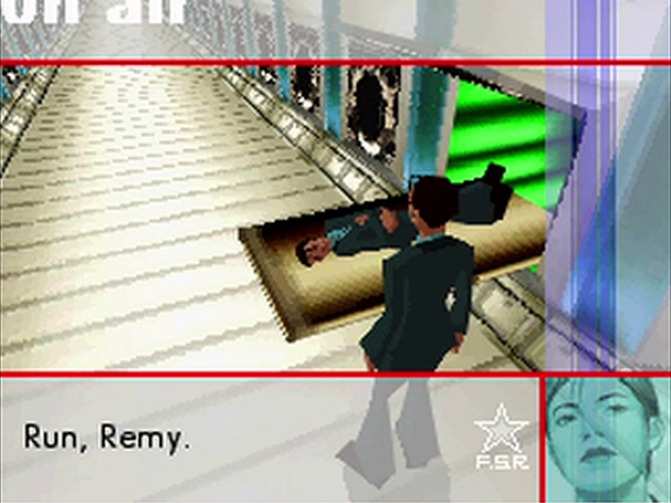 Screenshot of Remy inside the Eleki Island shelters. Another, identical Remy lies on a platform in front of her like a corpse in a morgue. This clone says, "Run, Remy."