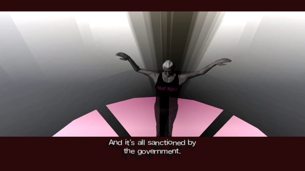 Screenshot from "Encounter." Light shines up from below Travis Bell, who stands in the center of the scene, looking down, his shadow projected above him. His tank top bears the words "BEAT ROCK." The subtitles read, "And it's all sanctioned by the government."