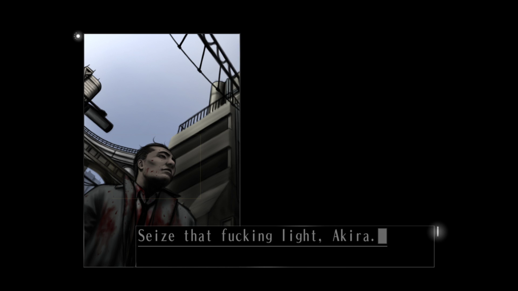 Screenshot of "LifeCut." In a window on the left, Kusabi, splattered with Nezu's blood, looks to a gray sky. He says, "Seize that fucking light, Akira."