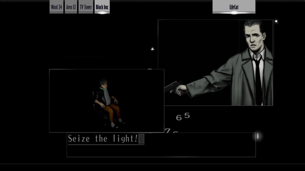 Screenshot from "LifeCut." Kusabi aims his pistol at Nezu. He says, "Seize the light!"