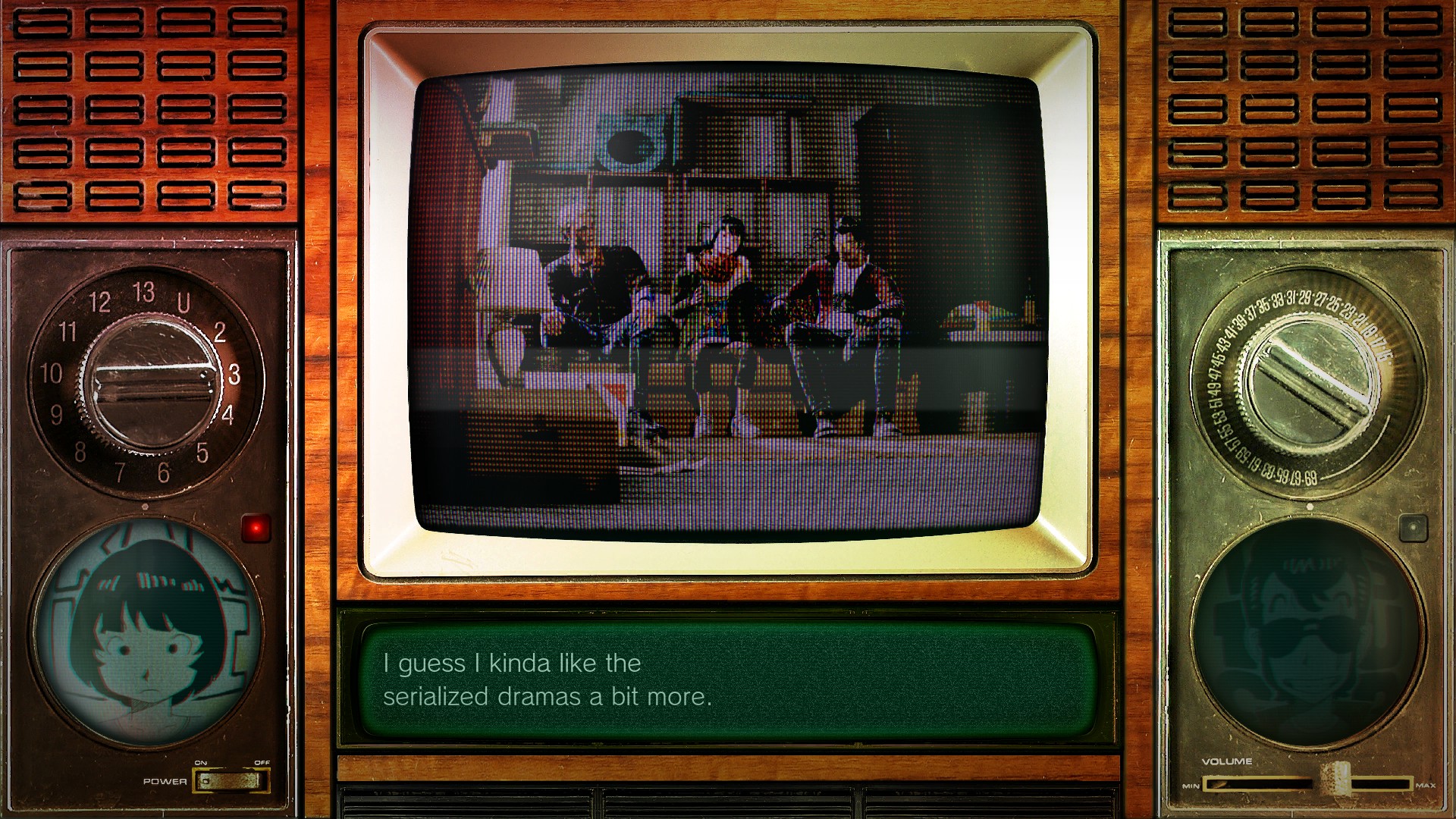 Screenshot from No More Heroes III. An analogue television. On the screen, from left to right, Bell, Newtype Kamui, and Travis sit on a couch. Kamui's subtitles read, "I guess I kinda like the serialized dramas a bit more."