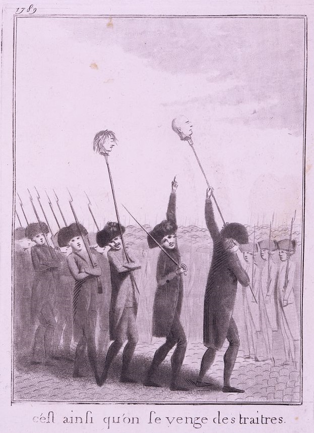 An engraving showing people parading the severed heads of Jacques de Flesselles and the Marquis de Launay on pikes. They smile and have a foggy, soft appearance. The middle two figures smile, looking toward the viewer with faces like children's. The central man points to the rightmost head. A caption reads, "C'est ainsi qu'on se venge des traitres." The date above the engraving is 1789.