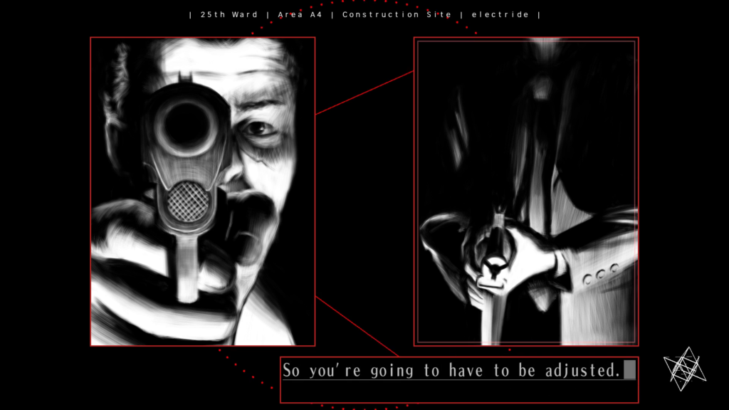 Screenshot from "electride." The left window shows Hatoba, holding a pistol aimed at the viewer. It obscures most of his face. The right window shows Kosaka from the neck to the waist, holding a machine gun. Kosaka says, "So you're going to have to be adjusted."